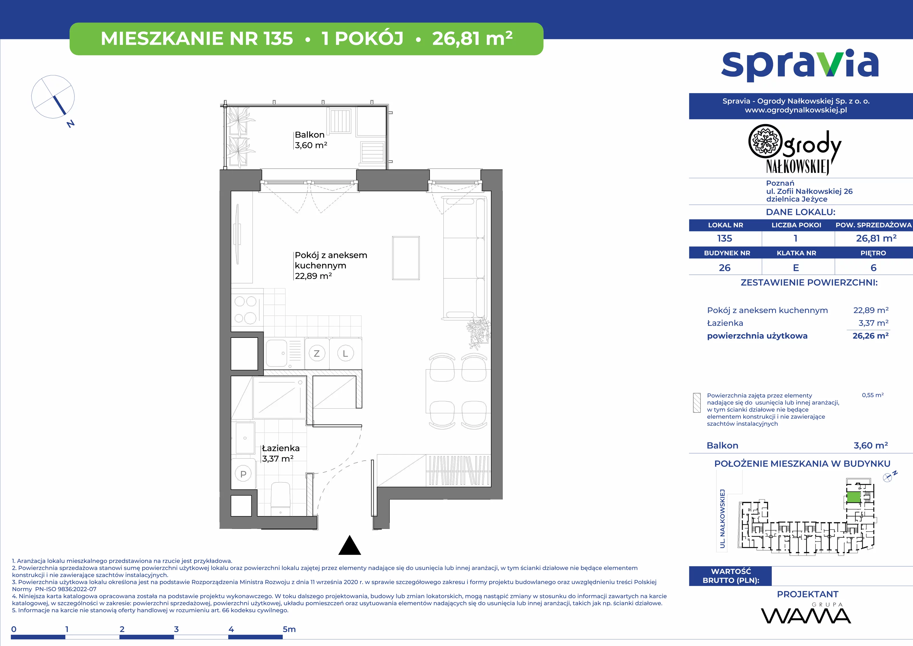 1 pokój, mieszkanie 26,81 m², piętro 6, oferta nr 26-135, Ogrody Nałkowskiej, Poznań, Ogrody, ul. Nałkowskiej 24, 26